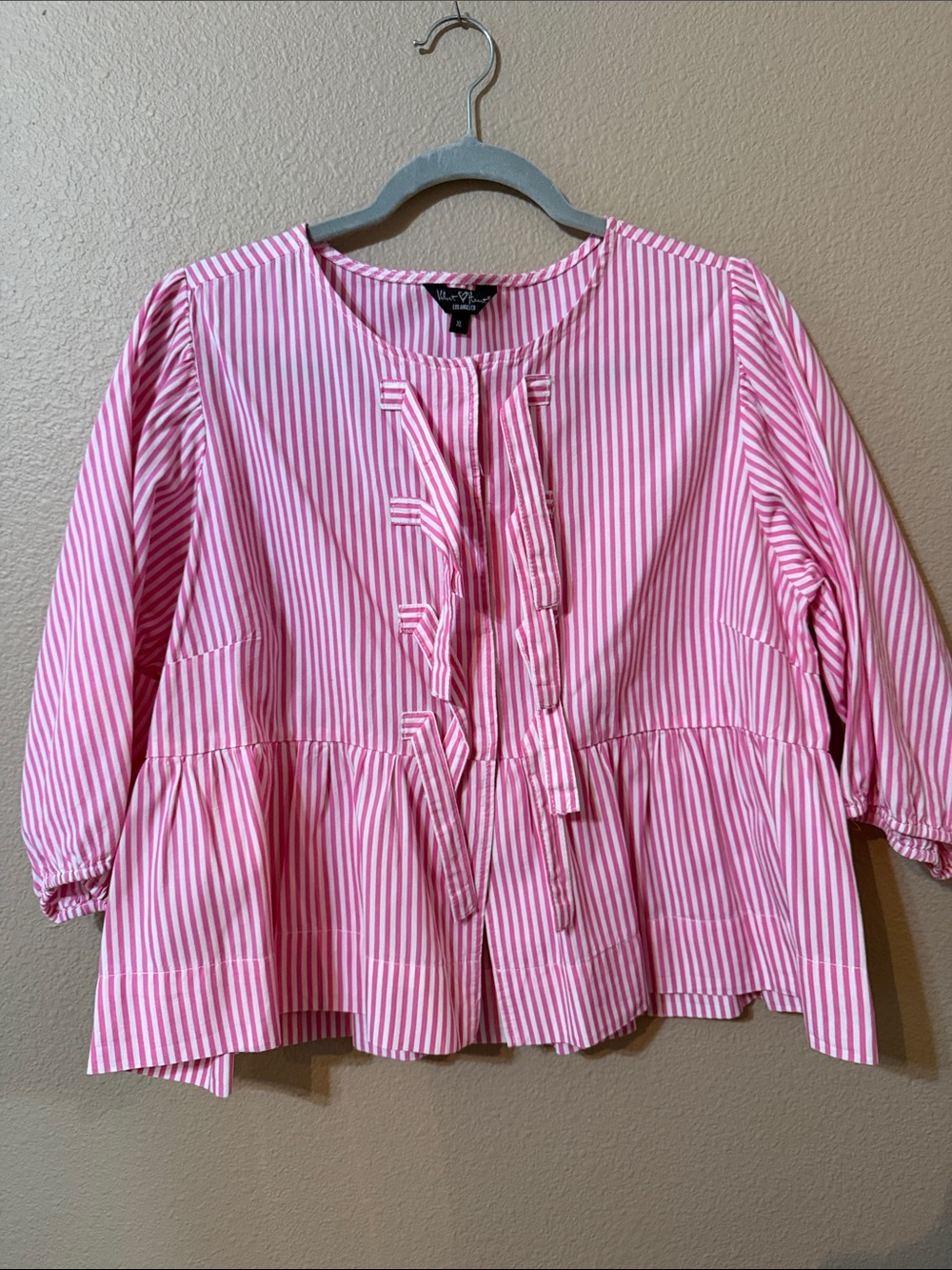 Velvet Heart Pink Striped Peplum Tie Front Woman’s Blouse